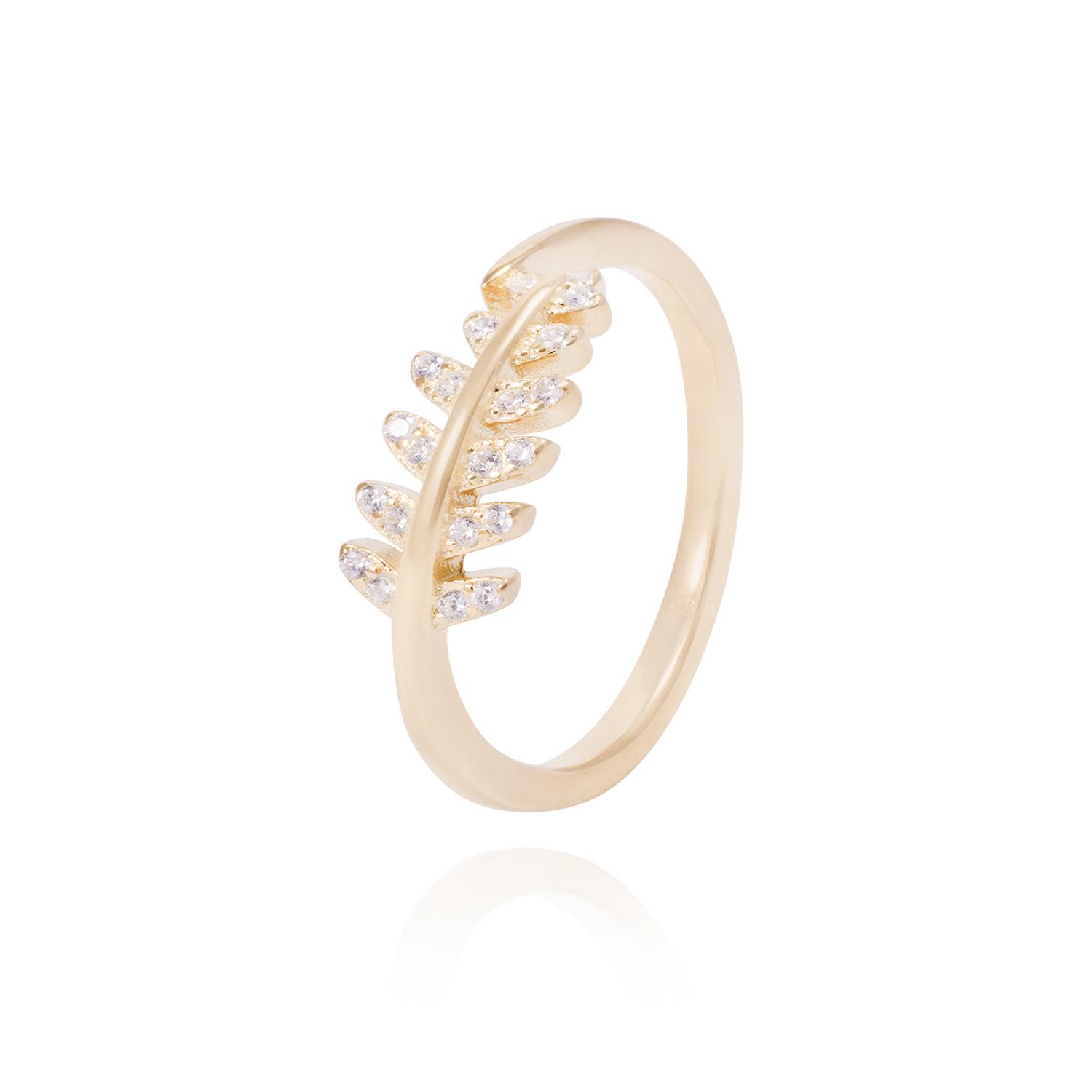 Anillo de Plata Esterlina Diseño de Hojas Adornadas con Circón Revestido en Oro 18kt 1