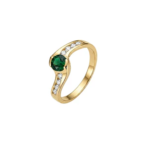 Anillo Oro Miel 18kt Solitario con Circonita Esmeraldina y Circonitas Blancas