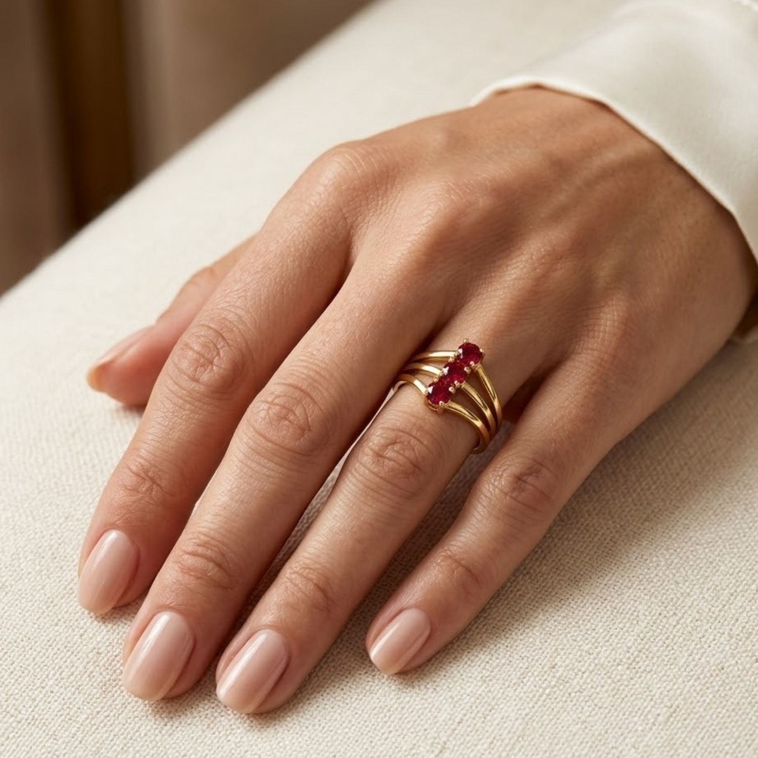 Anillo Oro Miel 18kt Trilogía con Rubí 4