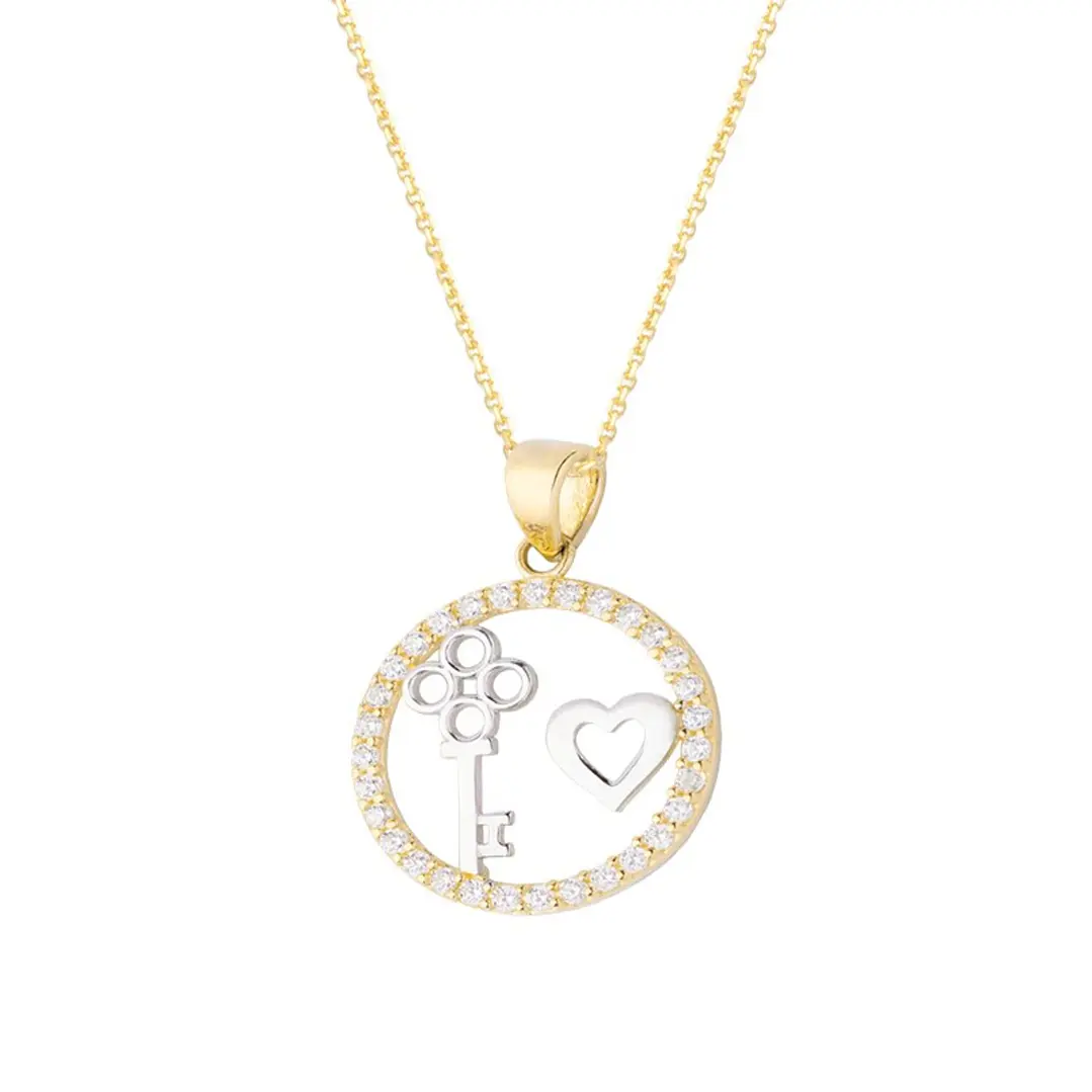 Colgante de Oro 18kt Bicolor Corazón Llave con Circonita 3