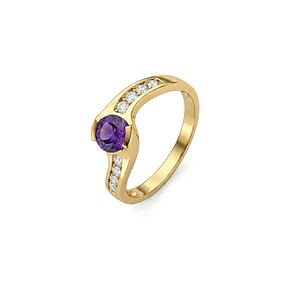 Anillo Oro Miel 18kt Solitario con Circonita Amatista y Circonitas Blancas