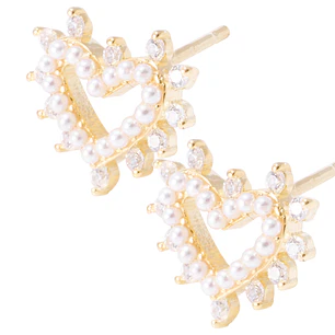 Aros de Plata Esterlina Corazón Perla mas Circonita Revestido en Oro 18kt