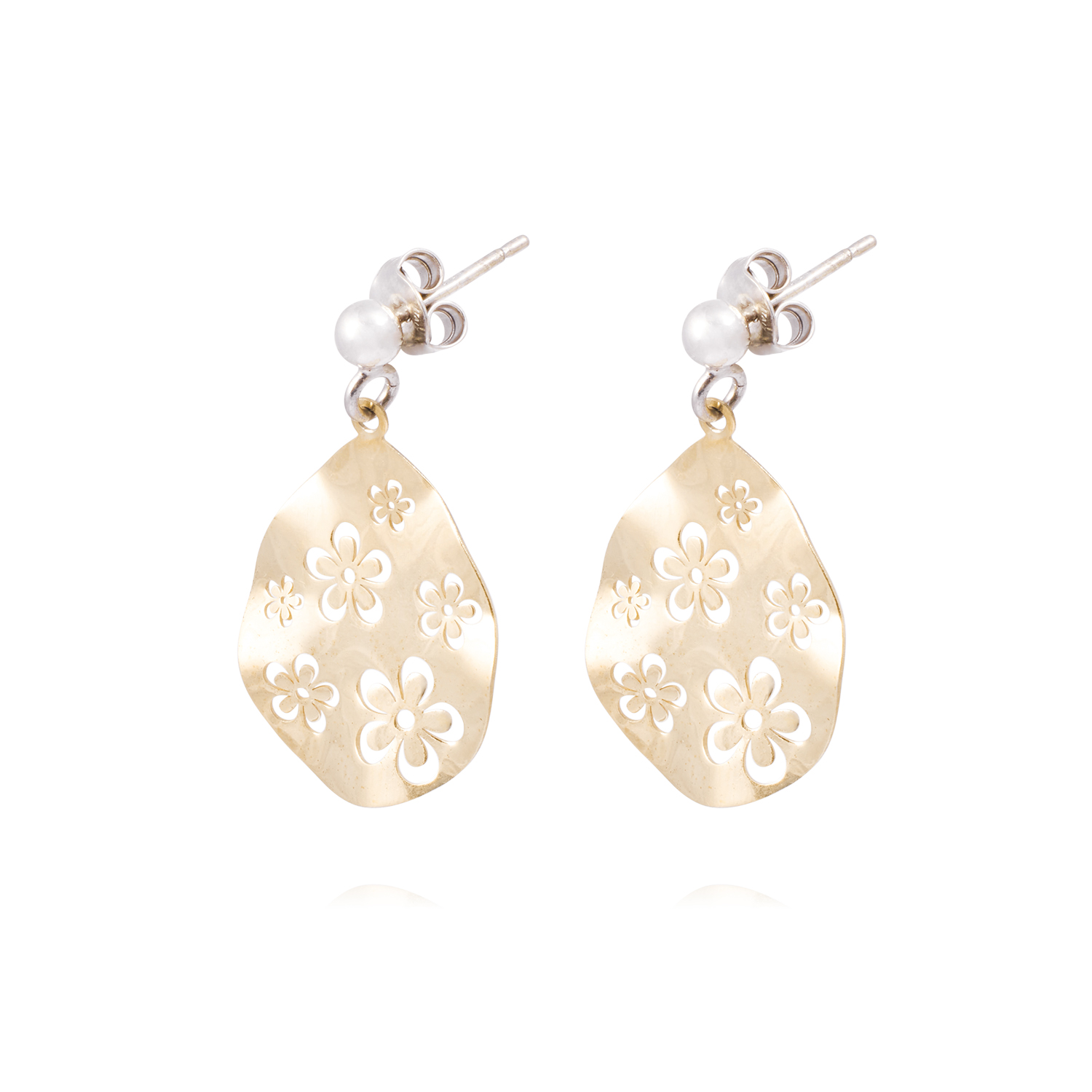 Aros de Plata Esterlina 925 Gota con Flor Revestido en Oro 18kt 1