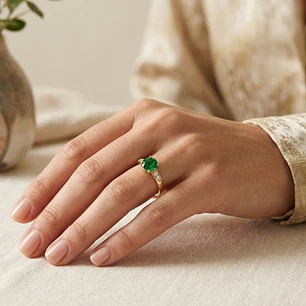 Anillo Oro Miel 18kt Solitario con Esmeraldina y Circonitas
