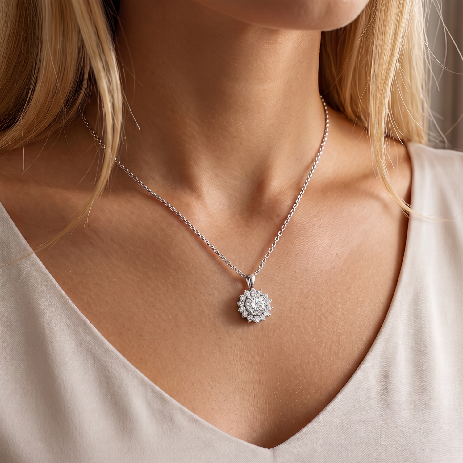 Collar Plata Esterlina 925 Sol Botón Circón Plateado 4