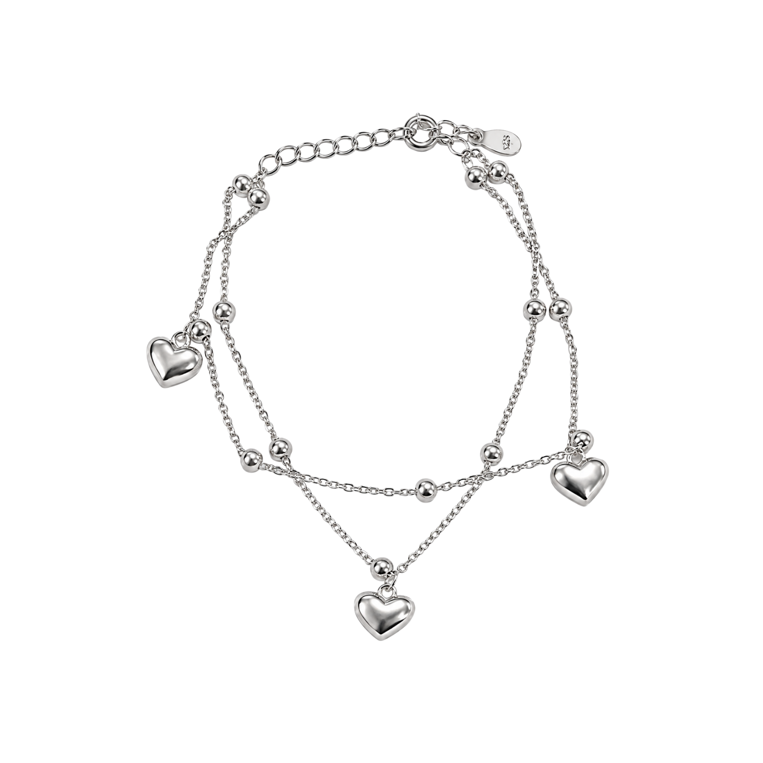 Pulsera de Plata Esterlina 925 Tres Corazones Cadena Doble Bolitas 1
