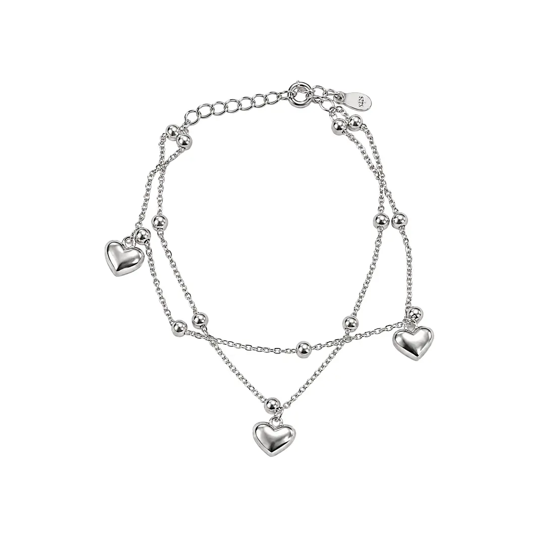 Pulsera de Plata Esterlina 925 Tres Corazones Cadena Doble Bolitas 1