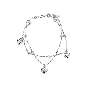Pulsera de Plata Esterlina 925 Tres Corazones Cadena Doble Bolitas