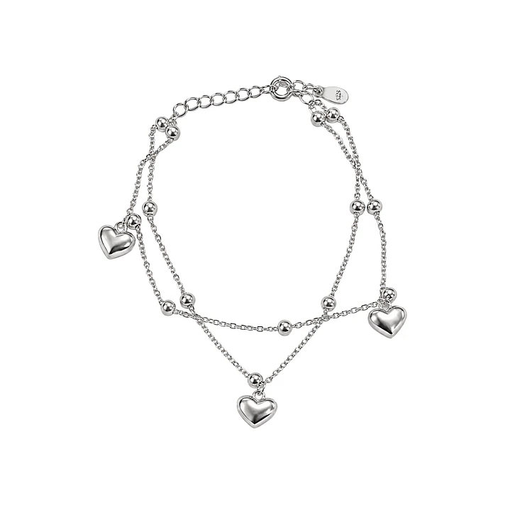Pulsera de Plata Esterlina 925 Tres Corazones Cadena Doble Bolitas 1