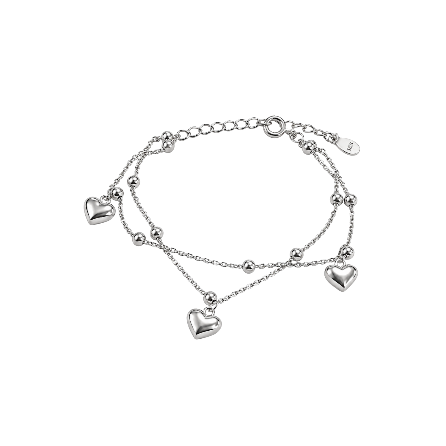 Pulsera de Plata Esterlina 925 Tres Corazones Cadena Doble Bolitas 2