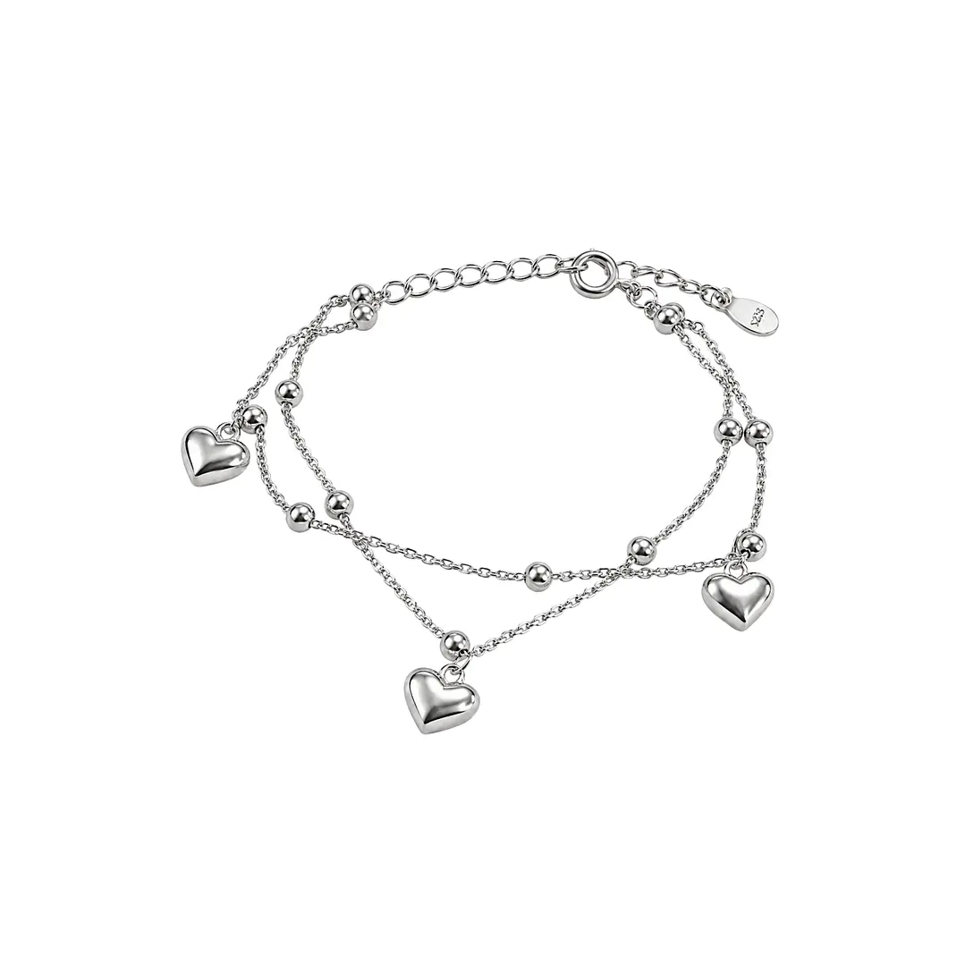 Pulsera de Plata Esterlina 925 Tres Corazones Cadena Doble Bolitas 2