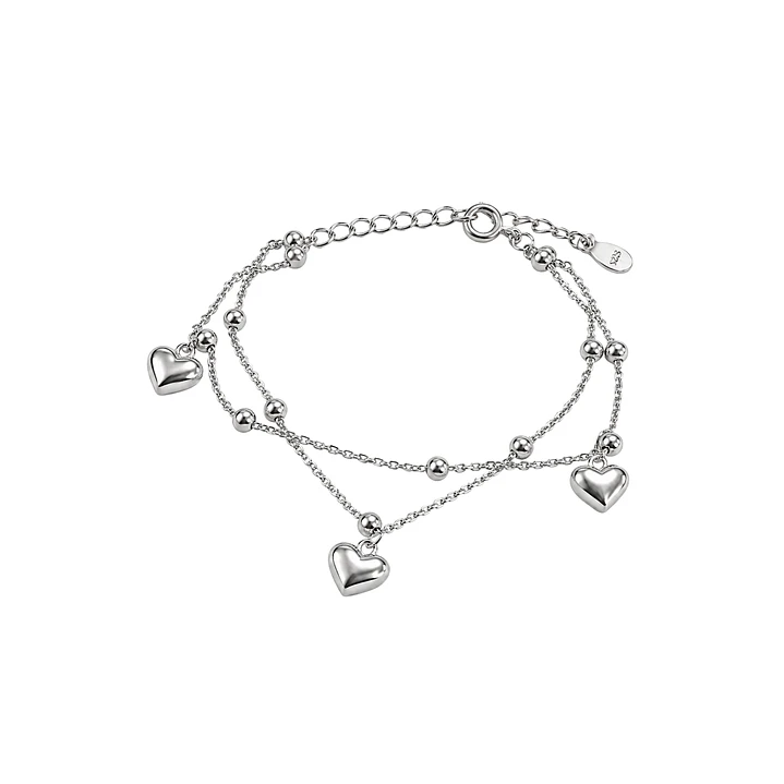 Pulsera de Plata Esterlina 925 Tres Corazones Cadena Doble Bolitas 2
