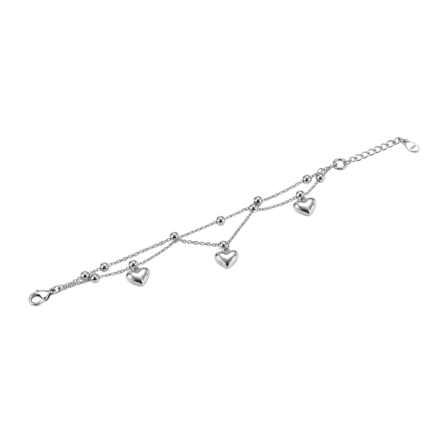 Pulsera de Plata Esterlina 925 Tres Corazones Cadena Doble Bolitas 3
