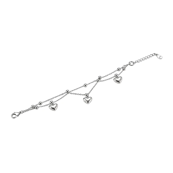 Pulsera de Plata Esterlina 925 Tres Corazones Cadena Doble Bolitas 3