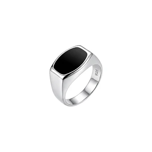 Anillo de Plata Esterlina 925 Sello Esmaltado Negro Masculino