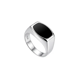 Anillo de Plata Esterlina 925 Sello Esmaltado Negro Masculino
