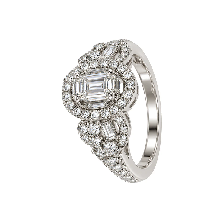 Anillo Compromiso Oro Blanco Broche Triple Diamante Baguette 1,07 Quilates 1