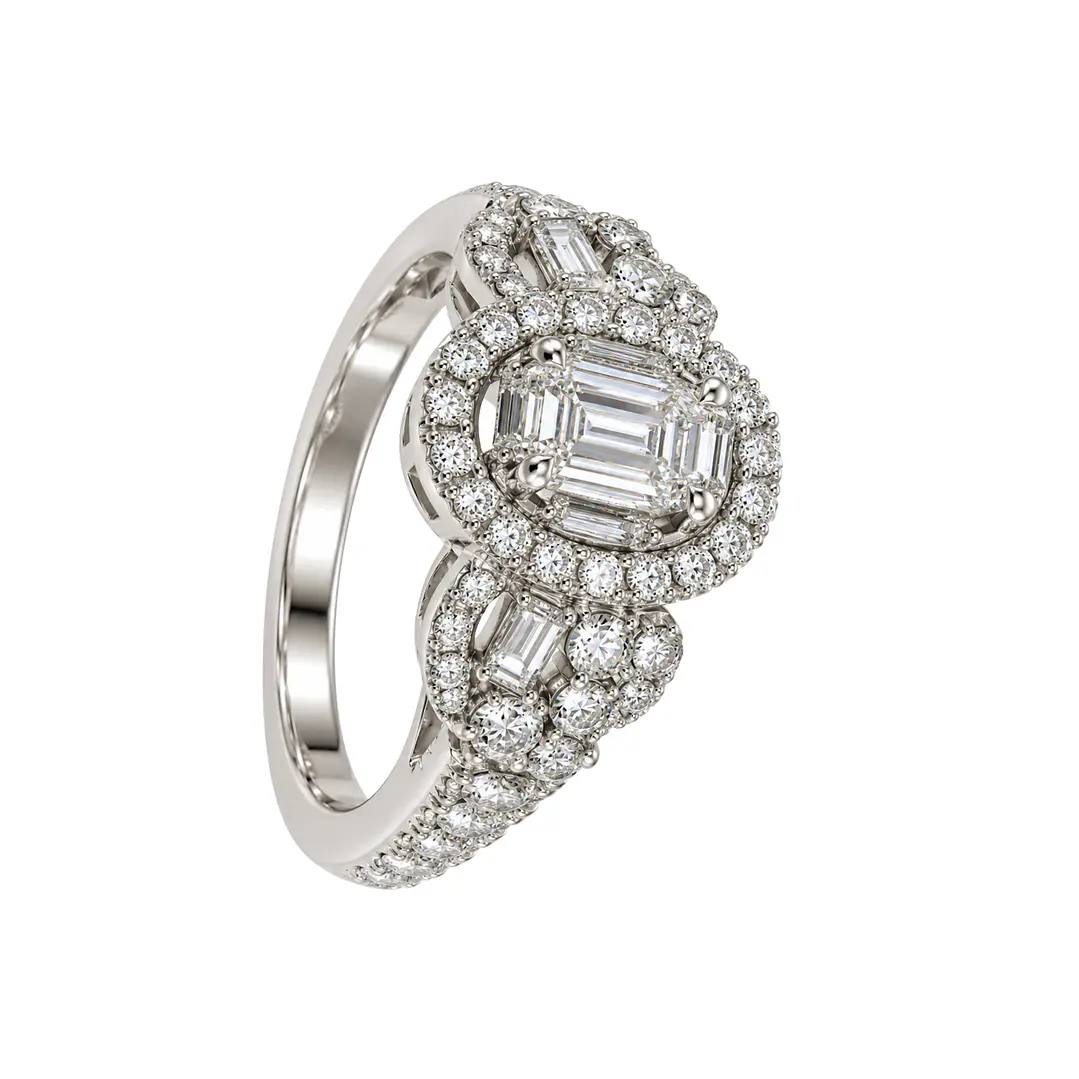 Anillo Compromiso Oro Blanco Broche Triple Diamante Baguette 1,07 Quilates 2