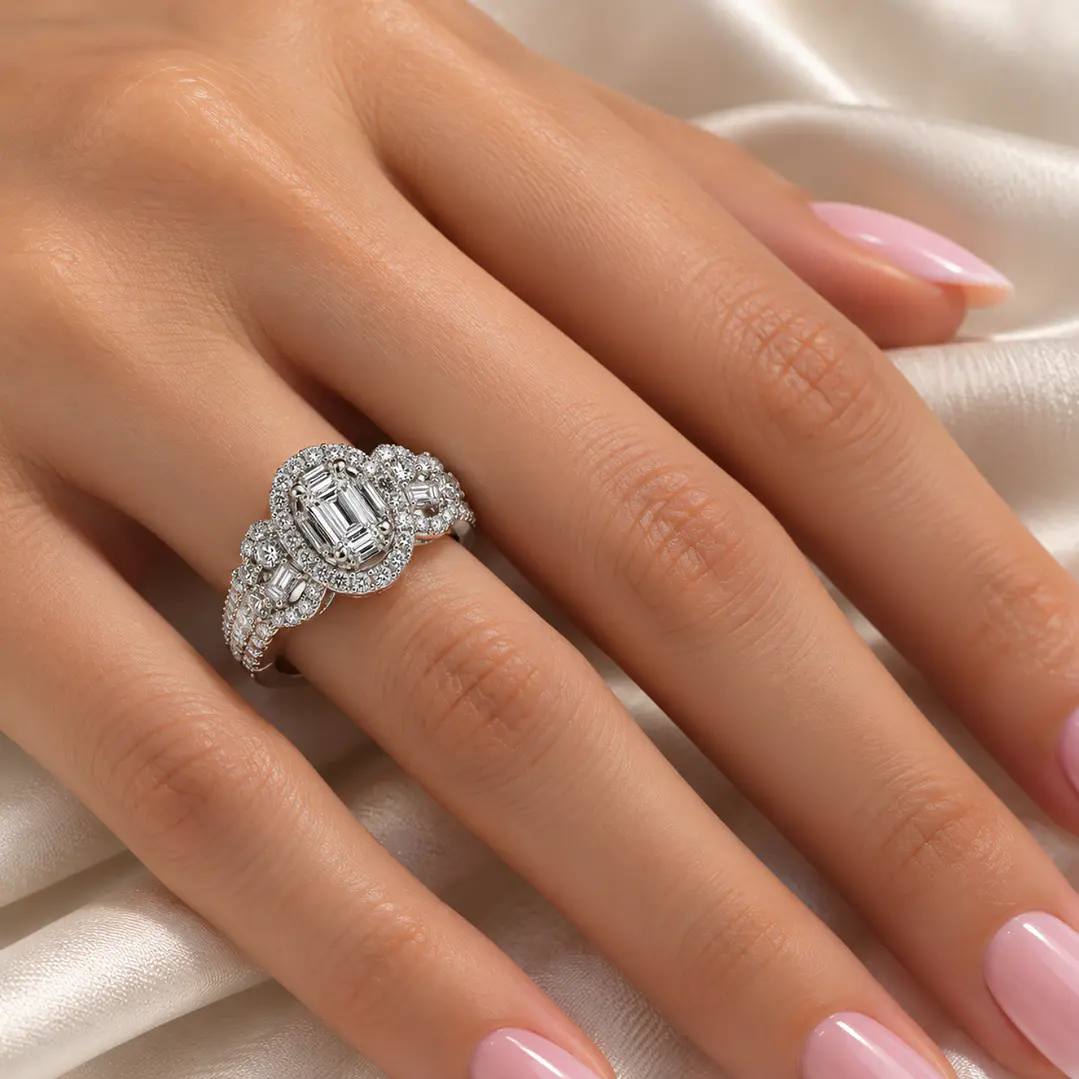 Anillo Compromiso Oro Blanco Broche Triple Diamante Baguette 1,07 Quilates 4