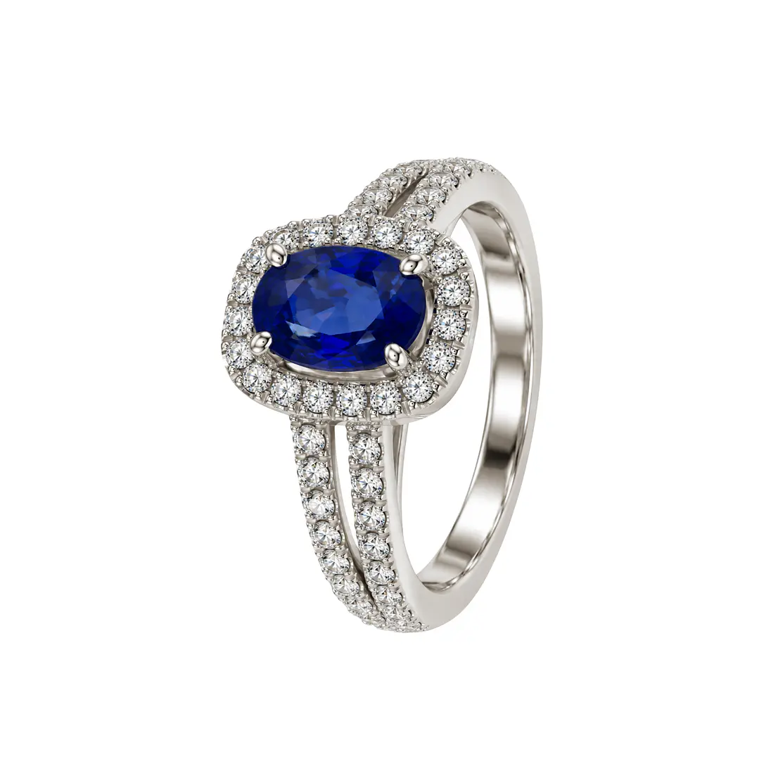 Anillo Compromiso Oro Blanco 18kt Diamantes Doble Riel 57 Puntos Zafiro Enmarcado 1,37 Quilates 1
