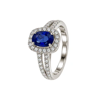 Anillo Compromiso Oro Blanco 18kt Diamantes Doble Riel 57 Puntos Zafiro Enmarcado 1,37 Quilates