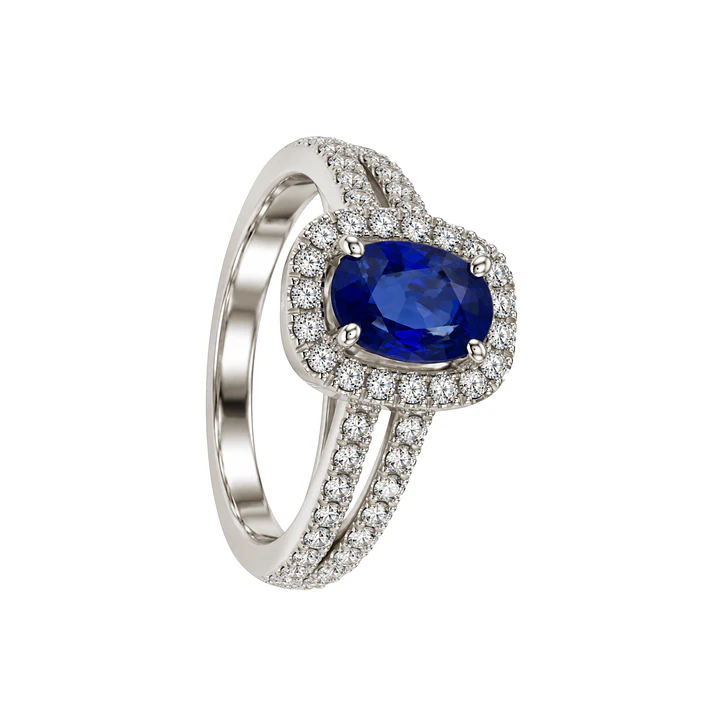 Anillo Compromiso Oro Blanco 18kt Diamantes Doble Riel 57 Puntos Zafiro Enmarcado 1,37 Quilates 2