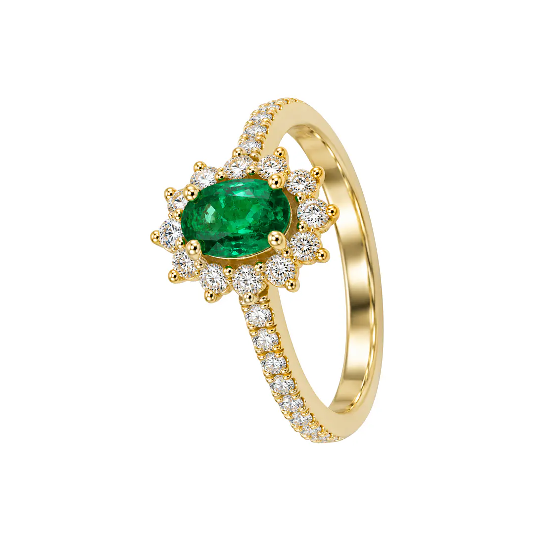 Anillo Compromiso Oro Amarillo 18kt Diamantes Medio Riel 50 Puntos Esmeralda Coronada 67 Puntos 1
