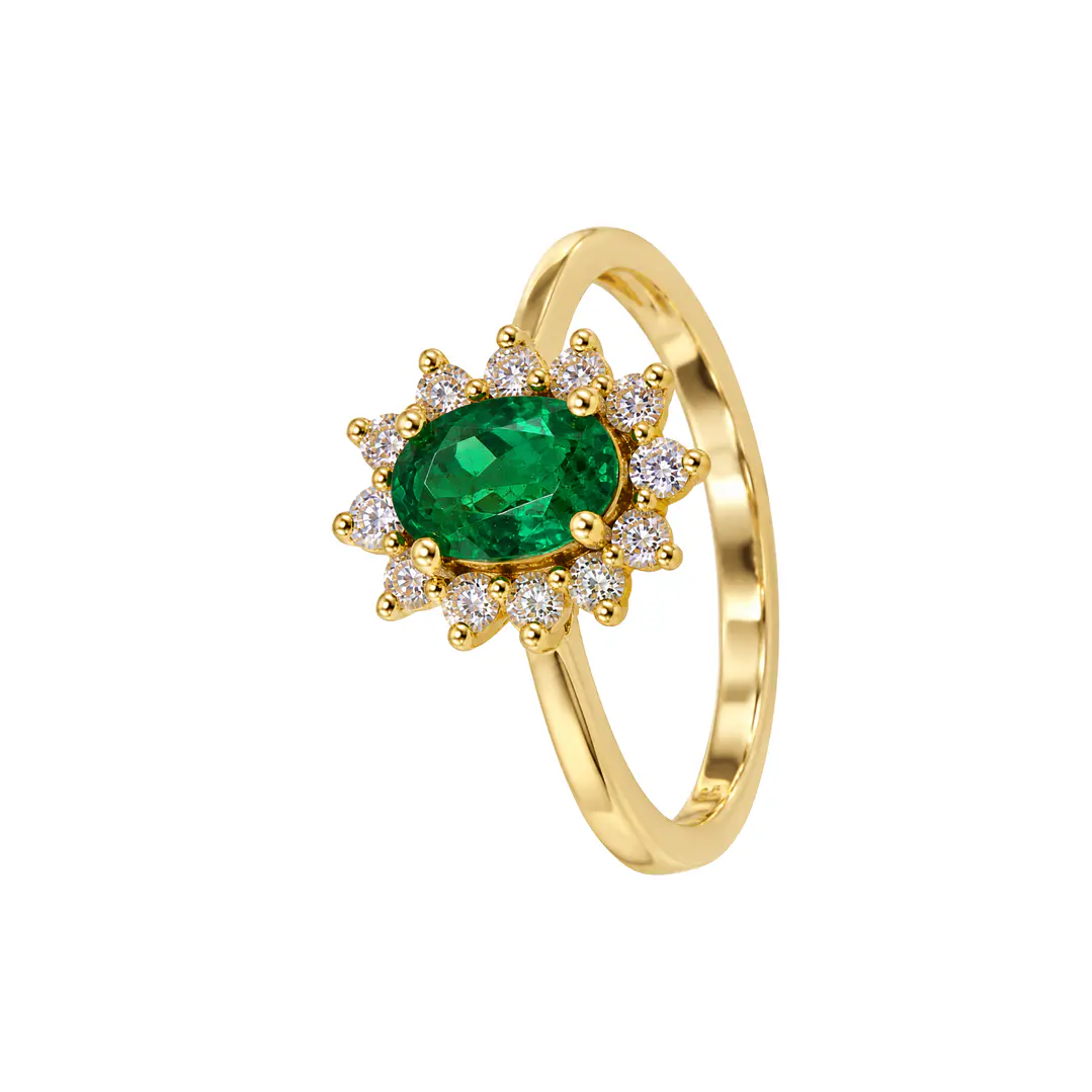 Anillo Compromiso Oro Amarillo 18kt Radiante Diamantes 20 Puntos Esmeralda Central 75 Puntos 1