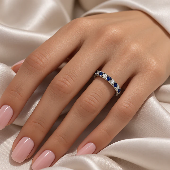 Anillo Compromiso Platino 750 Diamantes Intercalado 12 Puntos Zafiros 15 Puntos 4