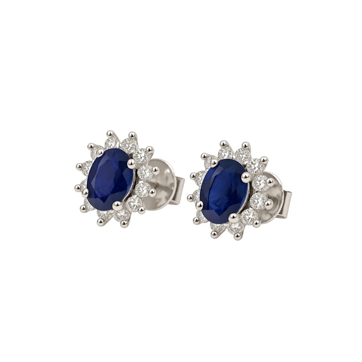 Aros Oro Blanco 18kt Botón de Diamante 33 Puntos Safiro Central 1,10 Puntos 1