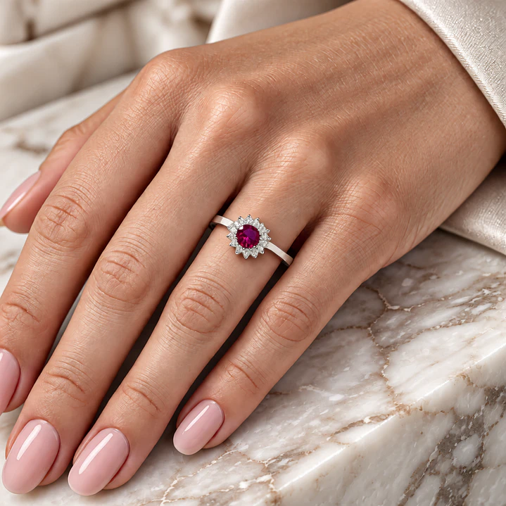 Anillo Plata Esterlina 925 Sol Botón Rubí Circón 4