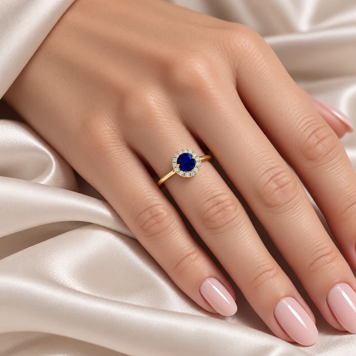Anillo de Oro Amarillo 18kt Zafiro Boton Circon Halo 4