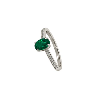 Anillo Compromiso Oro Blanco 18kt Medio Cintillo Diamantes 3 Puntos y Esmeralda Central 46 Puntos