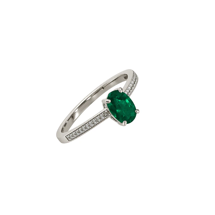 Anillo Compromiso Oro Blanco 18kt Medio Cintillo Diamantes 3 Puntos y Esmeralda Central 46 Puntos 2