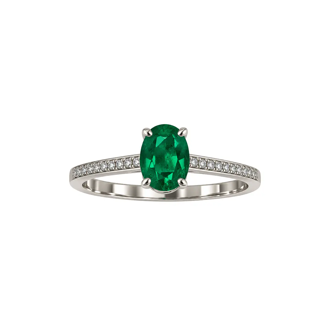 Anillo Compromiso Oro Blanco 18kt Medio Cintillo Diamantes 3 Puntos y Esmeralda Central 46 Puntos 3