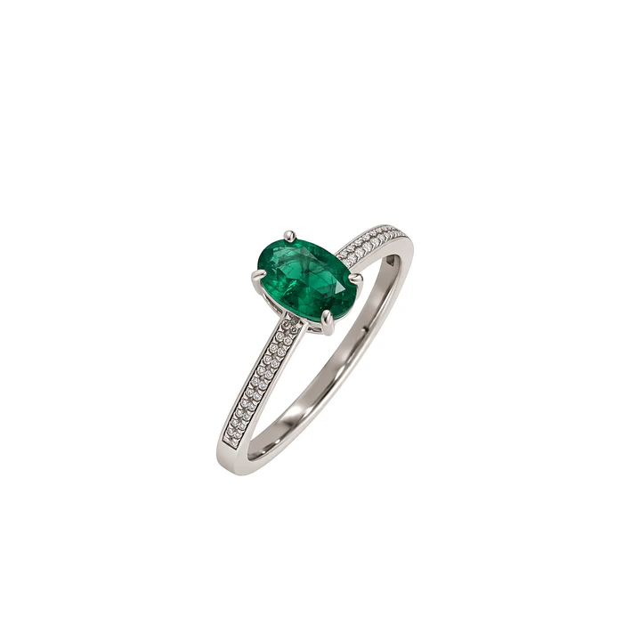 Anillo Compromiso Oro Blanco 18kt Medio Cintillo Diamantes 3 Puntos y Esmeralda Central 46 Puntos 4