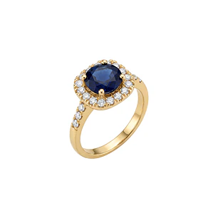 Anillo Compromiso Oro Amarillo 18kt Personalizado Diamante 44 Puntos Zafiro Central 1,8 Quilates