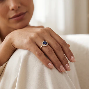 Anillo Compromiso Oro Amarillo 18kt Personalizado Diamante 44 Puntos Zafiro Central 1,8 Quilates