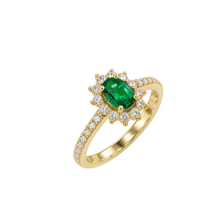 Anillo Compromiso Oro Amarillo 18kt Diamantes Medio Riel 50 Puntos Esmeralda Coronada 67 Puntos 1