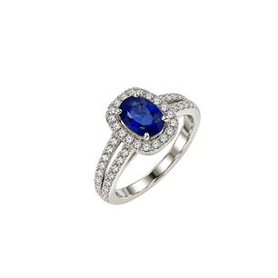 Anillo Compromiso Oro Blanco 18kt Diamantes Doble Riel 57 Puntos Zafiro Enmarcado 1,37 Quilates