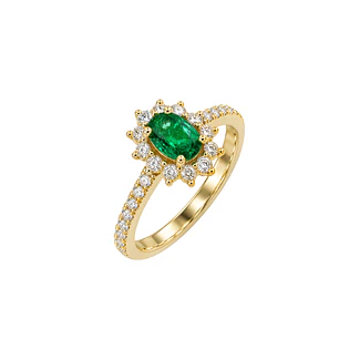 Anillo Compromiso Oro Amarillo 18kt Diamantes Medio Riel 50 Puntos Esmeralda Coronada 67 Puntos