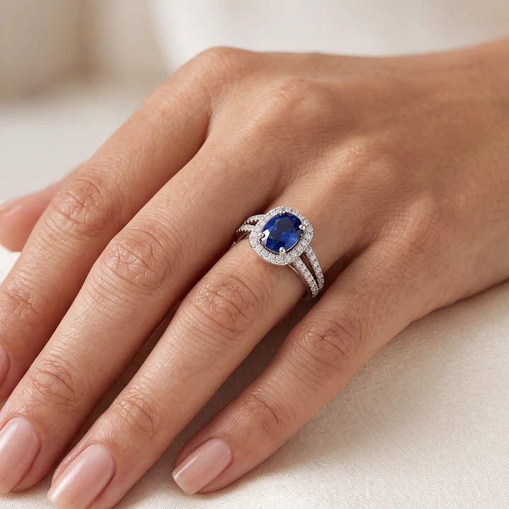 Anillo Compromiso Oro Blanco 18kt Diamantes Doble Riel 57 Puntos Zafiro Enmarcado 1,37 Quilates 4