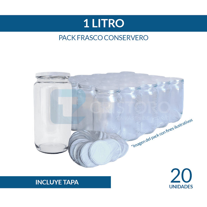 FRASCO VIDRIO CONSERVERO 1 Litro C/ TAPA BLANCA - SET 20 UND.  1