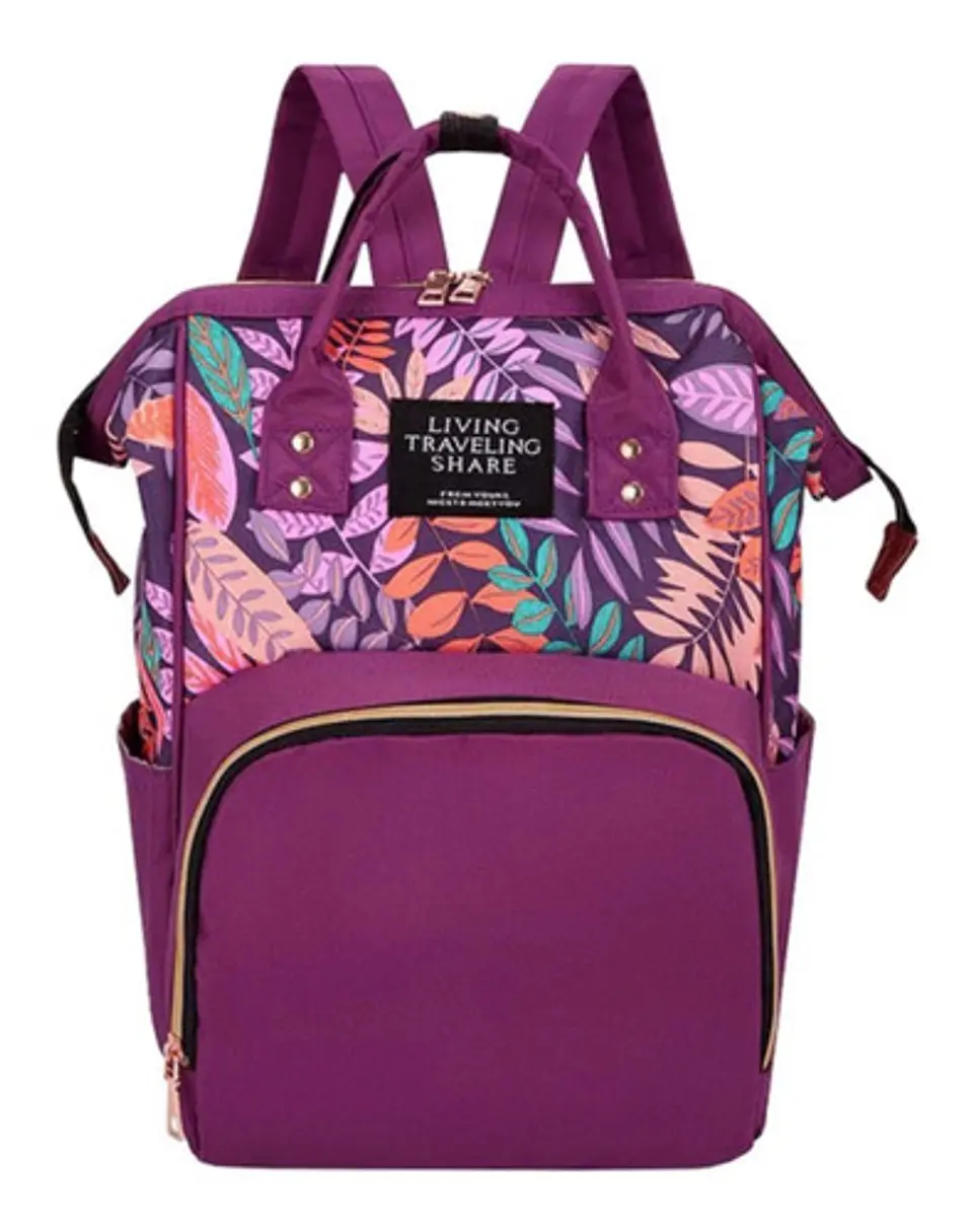 Mochila Maternal Con Bolsillo Delantero Estampado En Hojas 1