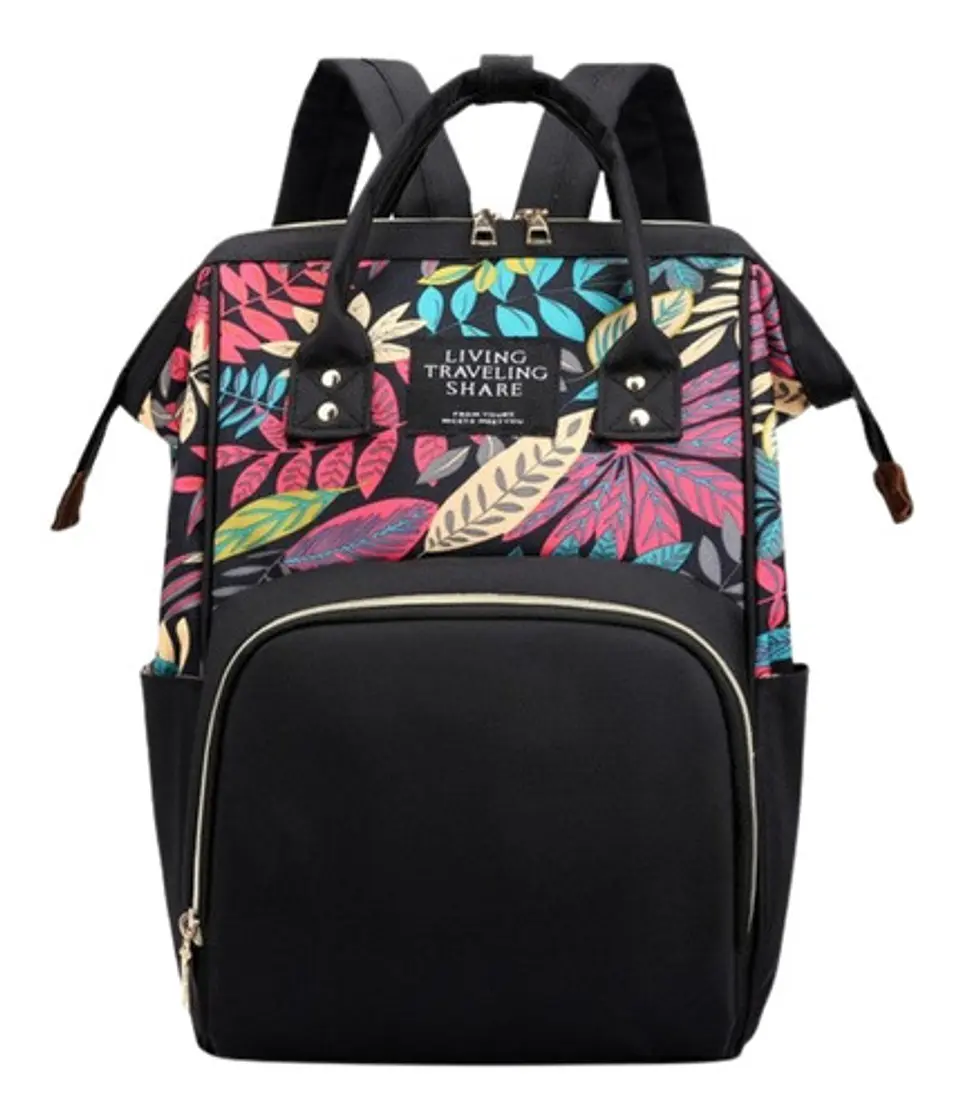 Mochila Maternal Con Bolsillo Delantero Estampado En Hojas 7