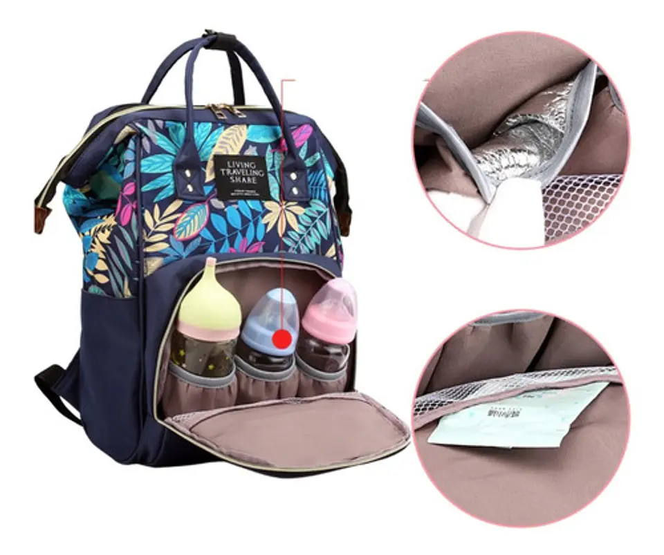 Mochila Maternal Con Bolsillo Delantero Estampado En Hojas 17