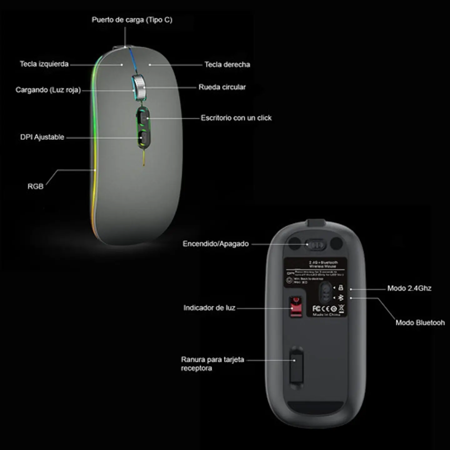 Mouse Delgado Escritorio Bluetooh Inalámbrico Led 1600 Dpi 20