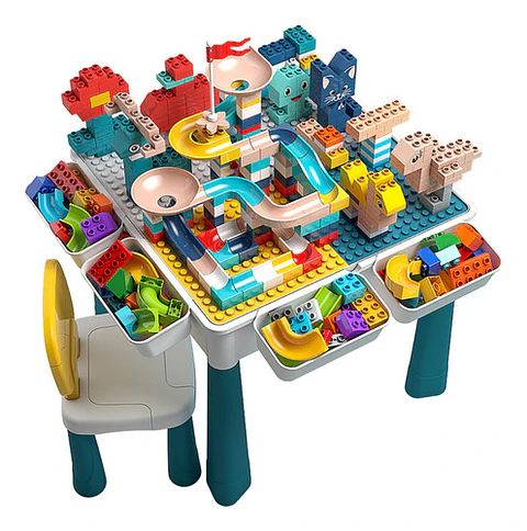 Mesa De Actividades Infantil Con Silla + 300 Bloques De Juego