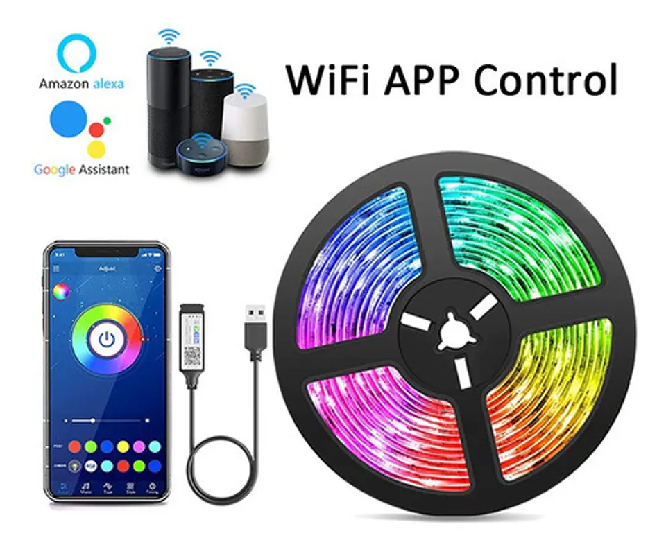 Kit De Luces De Tira Rgb Flexible, Bluetooth, Voz, Wifi 5mts 1