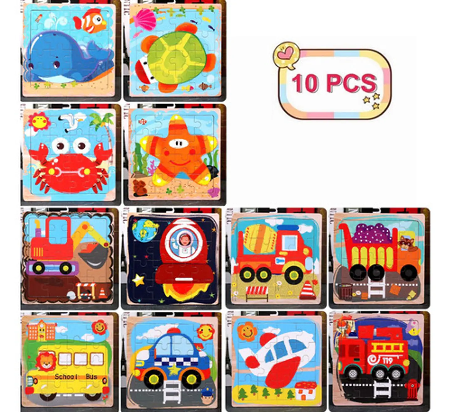 Pack De 10 Rompecabezas De Animales Y Vehiculos 15x15x1cm 6